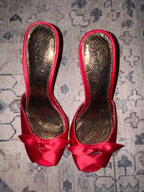 Sam Edelman Red Satin Peep-Toe Slide Heels with Bow Accent